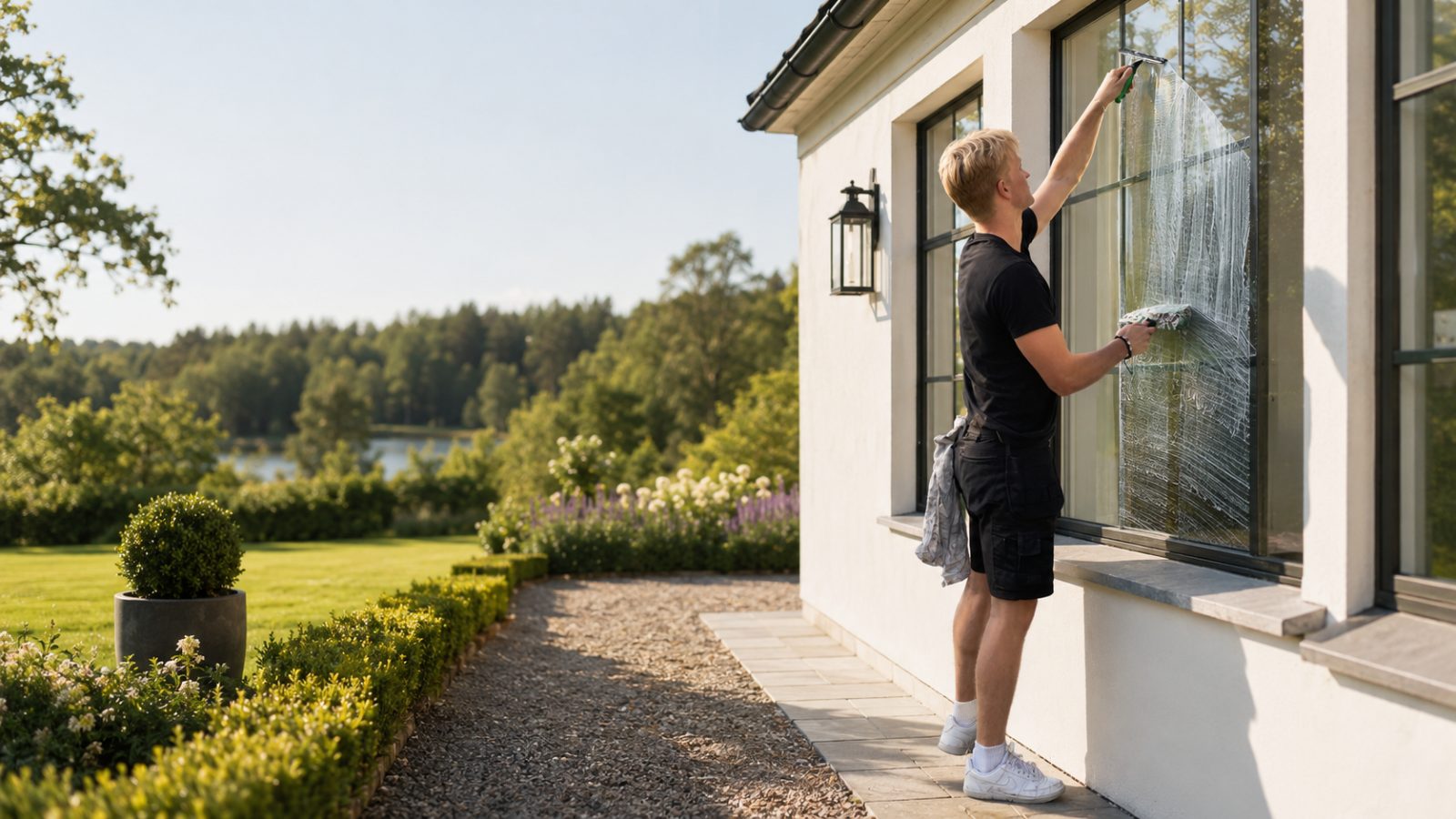 Linus putsar ett stort villafönster med sjöutsikt i Uppsala län